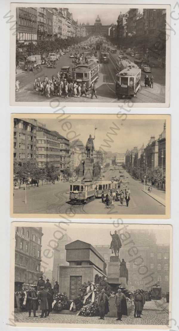  - 3x Praha 1, Václavské náměstí, Muzeum, tramvaj, automobil, Socha sv. Václava
