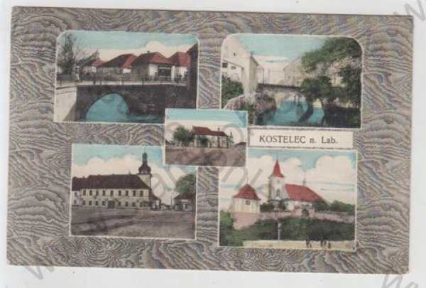  - Kostelec nad Labem (Mělník), více záběrů, most, řeka, kostel, kolorovaná, koláž