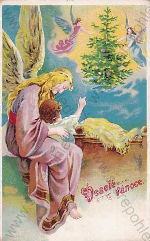  - Vánoce, přání, kresba, barevná, žena, anděl, dítě, strom