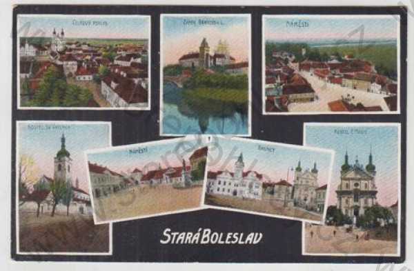  - Stará Boleslav (Praha - východ), více záběrů, celkový pohled, zámek Brandýs nad Labem, náměstí, kostel, radnice, kolorovaná, koláž