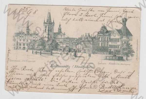  - Litoměřice (Leitmeritz), náměstí, radnice, věž, kostel, kresba, DA