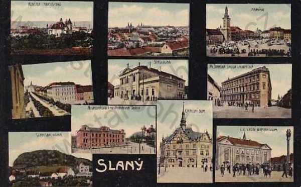  - Slaný, Kladno, kolorovaná, více záběrů, celkový pohled, kostel, náměstí, Okresní dům, sokolovna