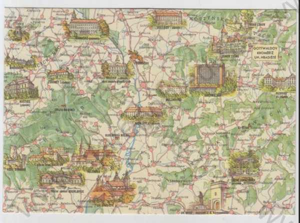  - Zlín (Gottwaldov), Kroměříž, Uherské Hradiště, mapa, rozkládací karta, kolorovaná