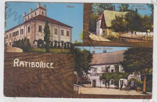  - Ratibořice (Náchod), více záběrů, zámek, Na Starém Bělidle, Panský hostinec, kolorovaná