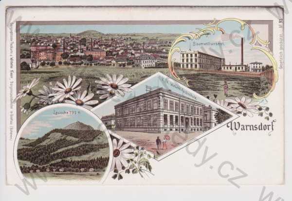  - Varnsdorf - celkový pohled, továrna, škola, Luž, litografie, DA, koláž, kolorovaná