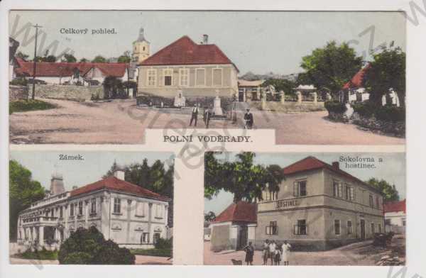  - Polní Voděrady - celkový pohled, zámek, sokolovna a hostinec, kolorovaná