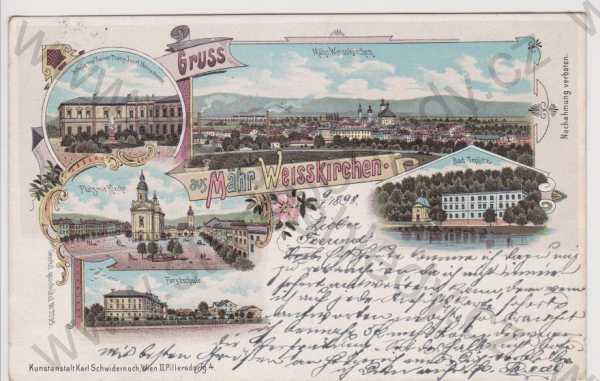  - Hranice - celkový pohled, lázně Teplice, škola, náměstí s kostelem, škola, pomník, litografie, DA, koláž, kolorovaná