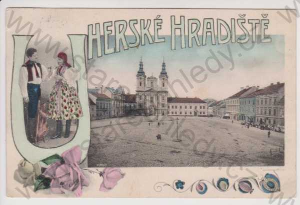  - Uherské Hradiště - náměstí, koláž kroj, kolorovaná