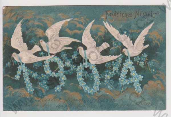  - Nový rok - holubice 1904, litografie, plastická, DA