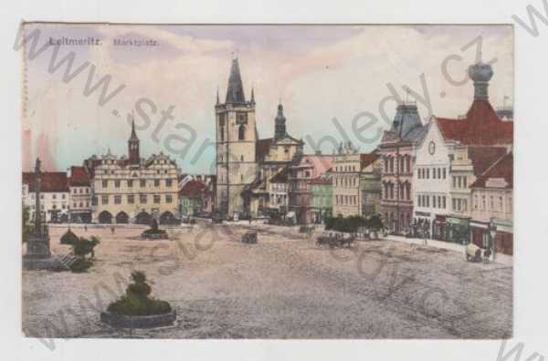  - Litoměřice (Leitmeritz), náměstí, kůň, povoz, kolorovaná