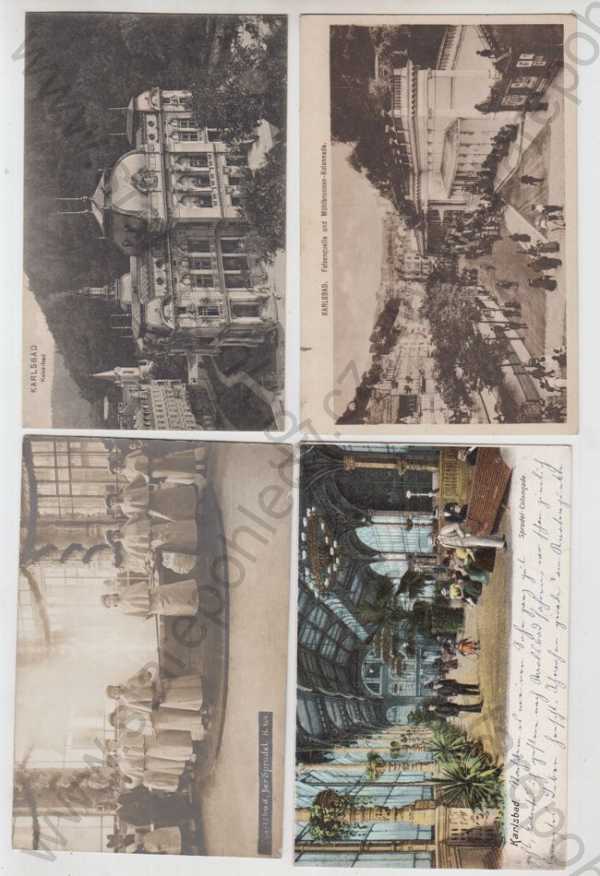  - 4x Karlovy Vary (Karlsbad), lázně, kolonáda, pramen, kolorovaná