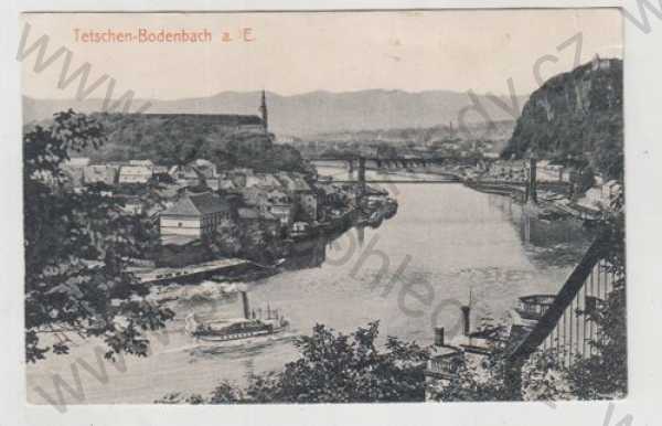  - Děčín (Tetschen - Bodenbach), řeka, loď, parník, částečný záběr města
