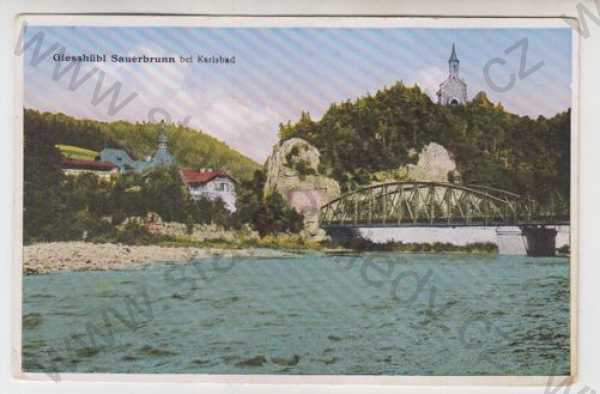  - Kyselka (Sauerbrunn) - Karlovy Vary, řeka, most, částečný záběr města, kolorovaná