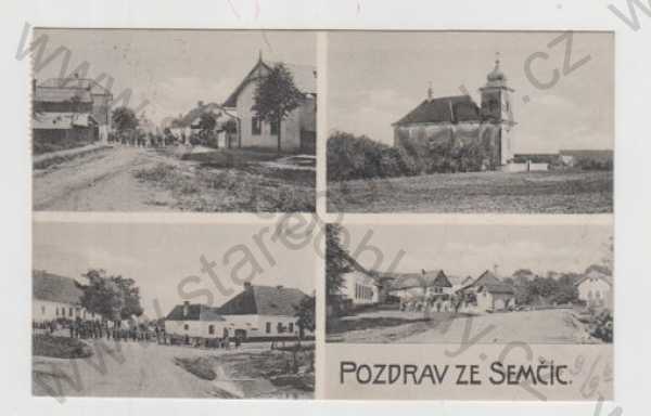  - Semčice (Mladá Boleslav), více záběrů, pohled ulicí, kostel, náves, částečný záběr města