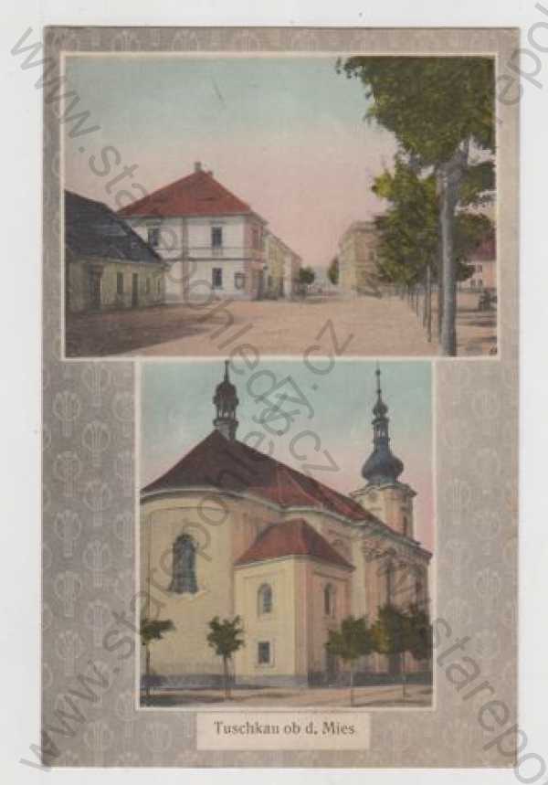  - Touškov (Tuschkau) - Plzeň jih, více záběrů, pohled ulicí, kostel, kolorovaná