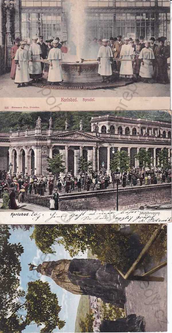  - Karlovy Vary, Karlsbad, kolorovaná, 3 ks, vyhlídka, vřídlo, kolonáda