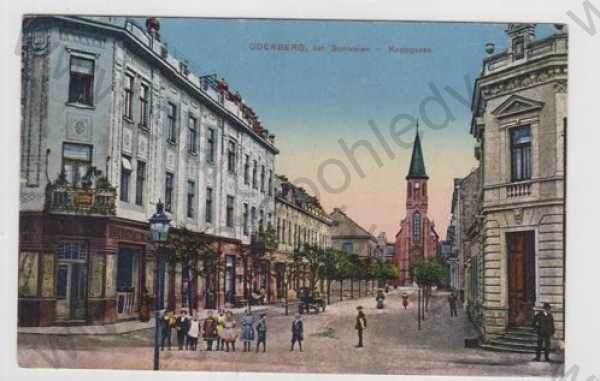  - Bohumín (Oderberg) - Karviná, kostel, pohled ulicí, kolorovaná