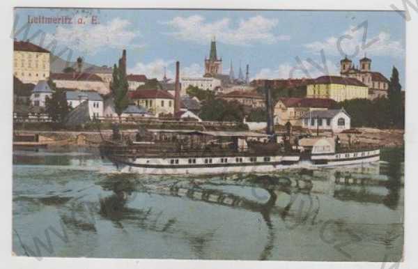  - Litoměřice (Leitmeritz), řeka, parník, částečný záběr města, kolorovaná