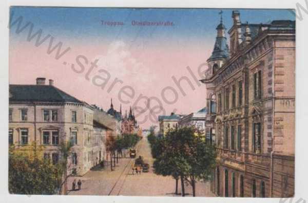  - Opava (Troppau), pohled ulicí, tramvaj, kůň, kočár, kolorovaná