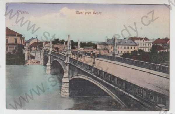  - Přerov, řeka, most, Bečva, kůň, kočár, kolorovaná