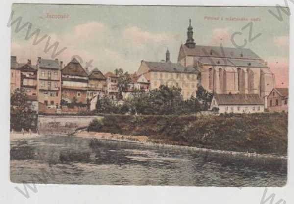  - Jaroměř (Náchod), kostel, řeka, částečný záběr města, kolorovaná