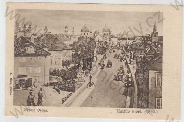  - Praha 1, Karlův most, historická - 1860, kůň, povoz, kočár, DA