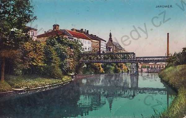  - Jaroměř (Náchod), celkový pohled, řeka, most, komín, kostel, barevná