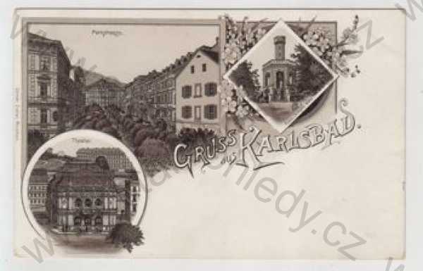  - Karlovy Vary (Karlsbad), více záběrů, pohled ulicí, divadlo, rozhledna, koláž, DA