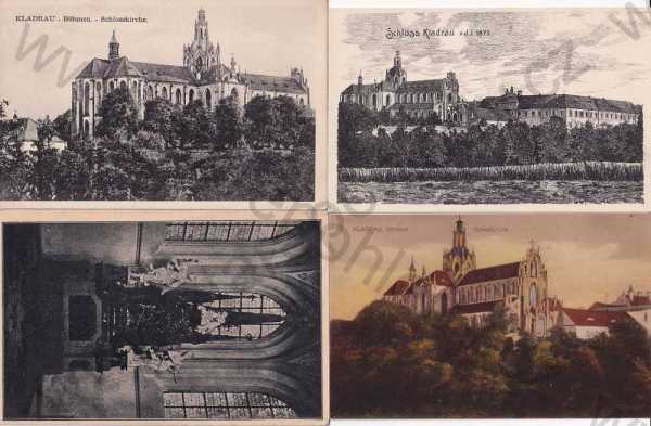  - 4x Kladruby (Tachov - Tachau), klášter, kostel, interiér, celkový pohled, kolorovaná