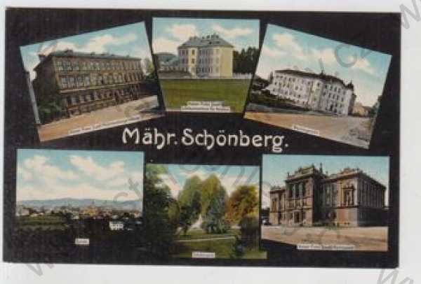  - Šumperk (Mähr. Schönberg), více záběrů, škola, celkový pohled, park, koláž