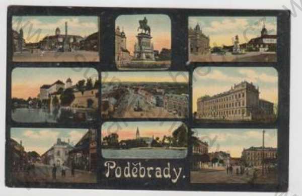  - Poděbrady (Nymburk), více záběrů, náměstí, socha, řeka, zámek, kostel, pohled ulicí, kolorovaná