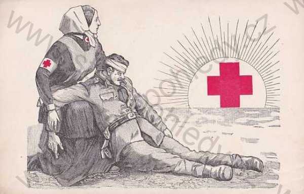  - Vojenství, Červený kříž, sestra, voják, slunce