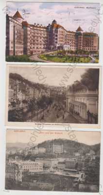  - 3x Karlovy Vary (Karlsbad), Hotel Imperial, pohled ulicí, kolonáda, park, částečný záběr města