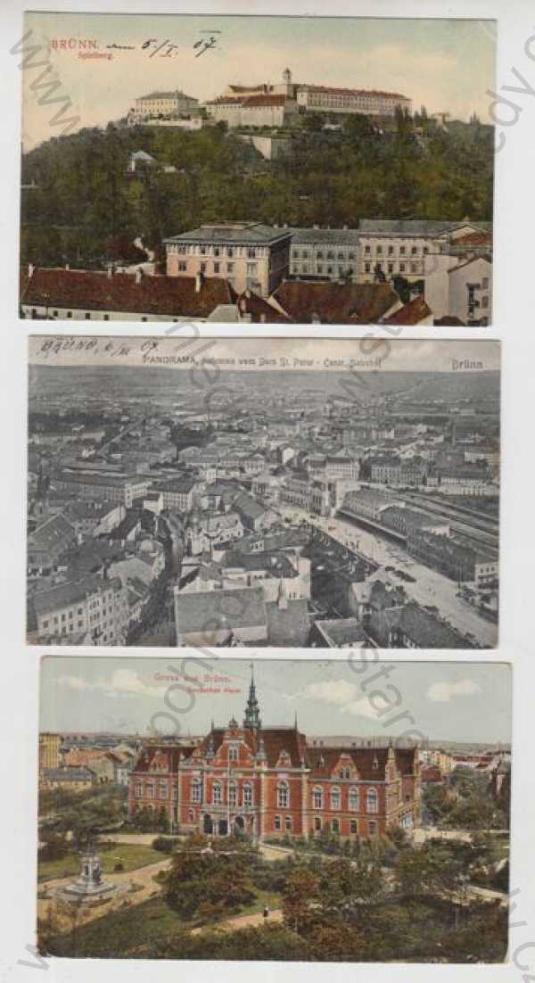  - 3x Brno (Brünn), Špilberk, částečný záběr města, Deutsches Haus, kolorovaná