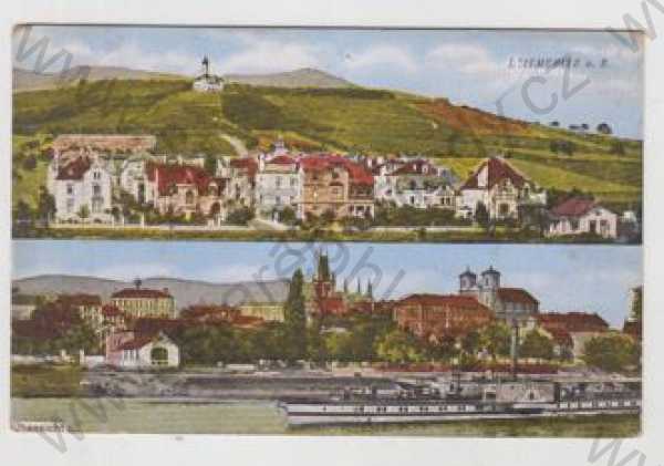  - Litoměřice (Leitmeritz), více záběrů, řeka, parník, částečný záběr města, kolorovaná