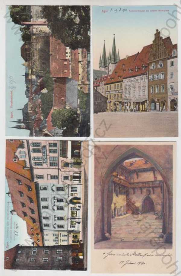  - 4x Cheb (Eger), celkový pohled, náměstí, brána, pavlač, kolorovaná