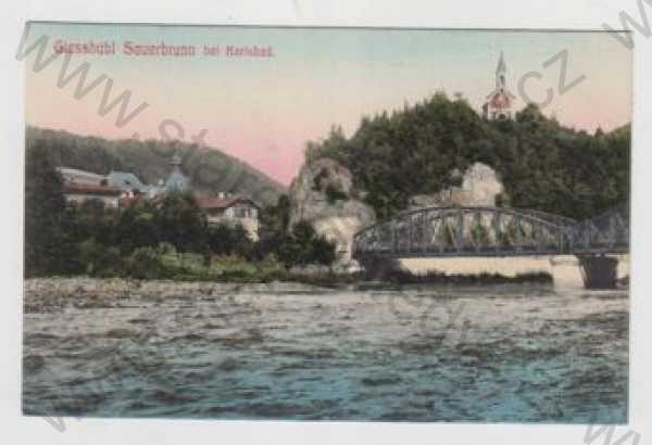  - KYselka (Sauerbrunn) - Karlovy Vary, řeka, most, částečný záběr města, kolorovaná