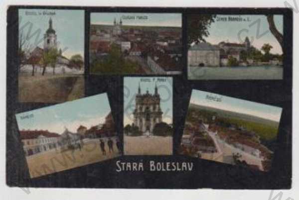  - Stará Boleslav (Praha - východ), více záběrů, kostel, celkový pohled, zámek, náměstí, kolorovaná