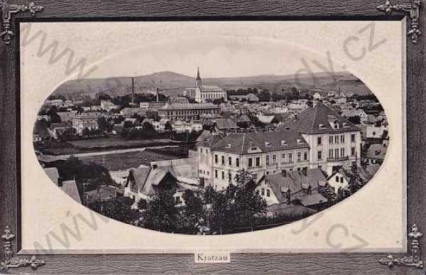  - Chrastava, Kratzau, Liberec, pohled z výšky, kostel, plastická karta