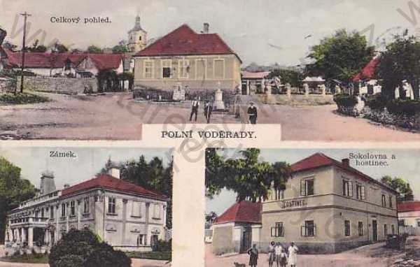  - Polní Voděrady, Kolín, kolorovaná, více záběrů, celkový pohled, náměstí, zámek, hostinec, sokolovna