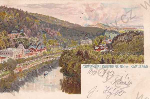  - Lázně Kyselka, Gießhübl-Sauerbrunn, Karlovy Vary, kresba, barevná, pohled z výšky, DA