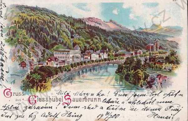  - Lázně Kyselka, Gießhübl-Sauerbrunn, Karlovy Vary, kresba, barevná, pohled z výšky, DA