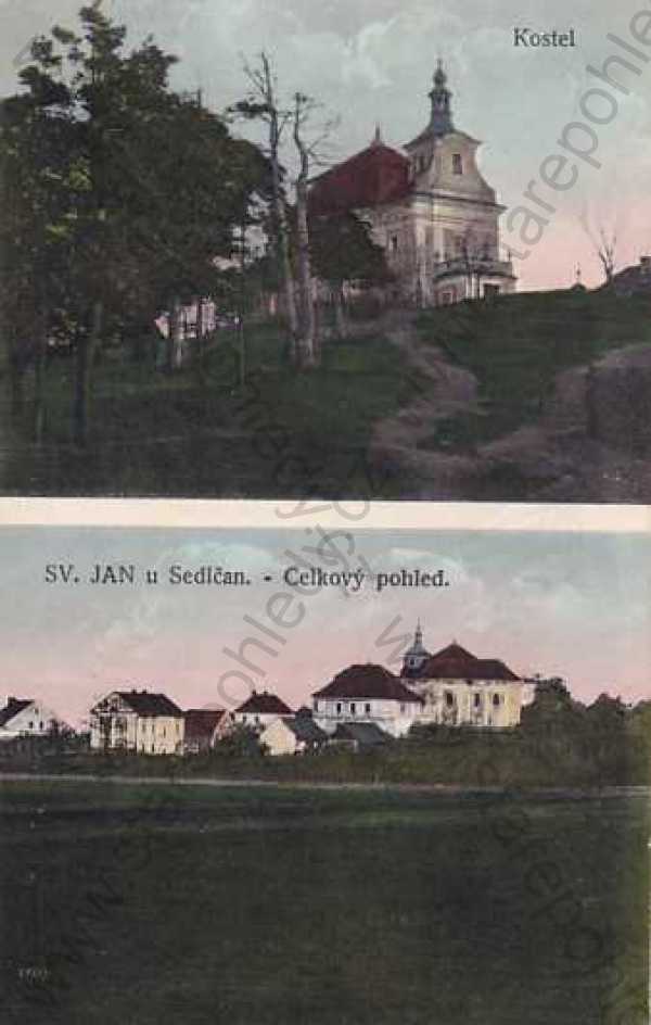 - Sv. Jan u Sedlčan, Příbram, kostel, celkový pohled, kolorovaná