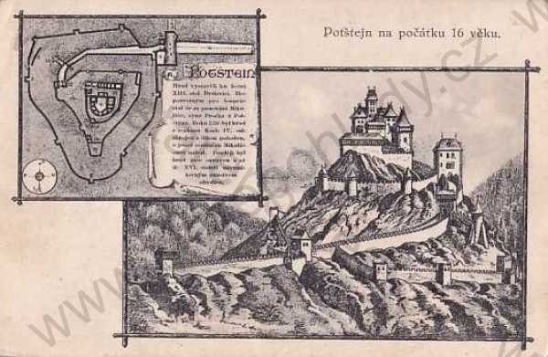  - Potštejn, Rychnov nad Kněžnou, celkový pohled, zřícenina, kresba, pohled z výšky