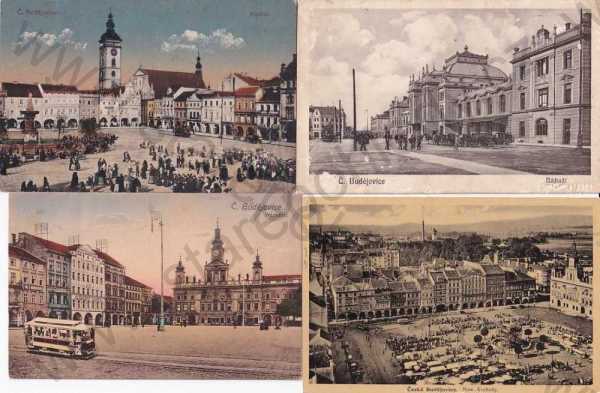 - České Budějovice, Budweis, náměstí, kolorovaná, obchody, pohled z výšky, 4 ks
