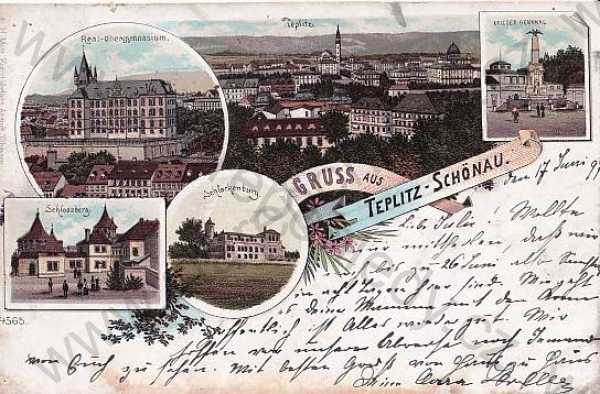  - Teplice (Teplitz-Schönau) náměstí, celkový pohled, zámek, hrad, gymnázium, pomník, kolorovaná, litografie, DA