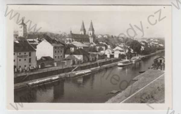  - Roudnice nad Labem (Litoměřice), kostel, řeka, loď, parník, částečný záběr města