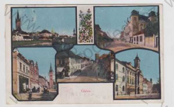  - Čáslav (Kutná hora), více záběrů, pohled ulicí, věž, částečný záběr města, kolorovaná, koláž