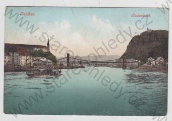  - Děčín (Tetschen, Bodenbach), řeka, most, parník, částečný záběr města, kolorovaná