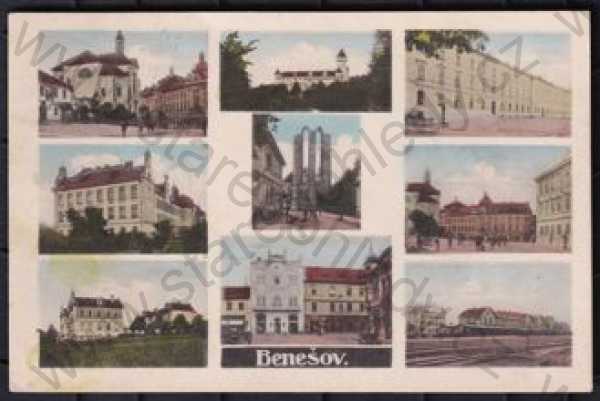  - Benešov, více záběrů, zámek, , nádraží, kostel, zbytek minoritského kláštera, barevná